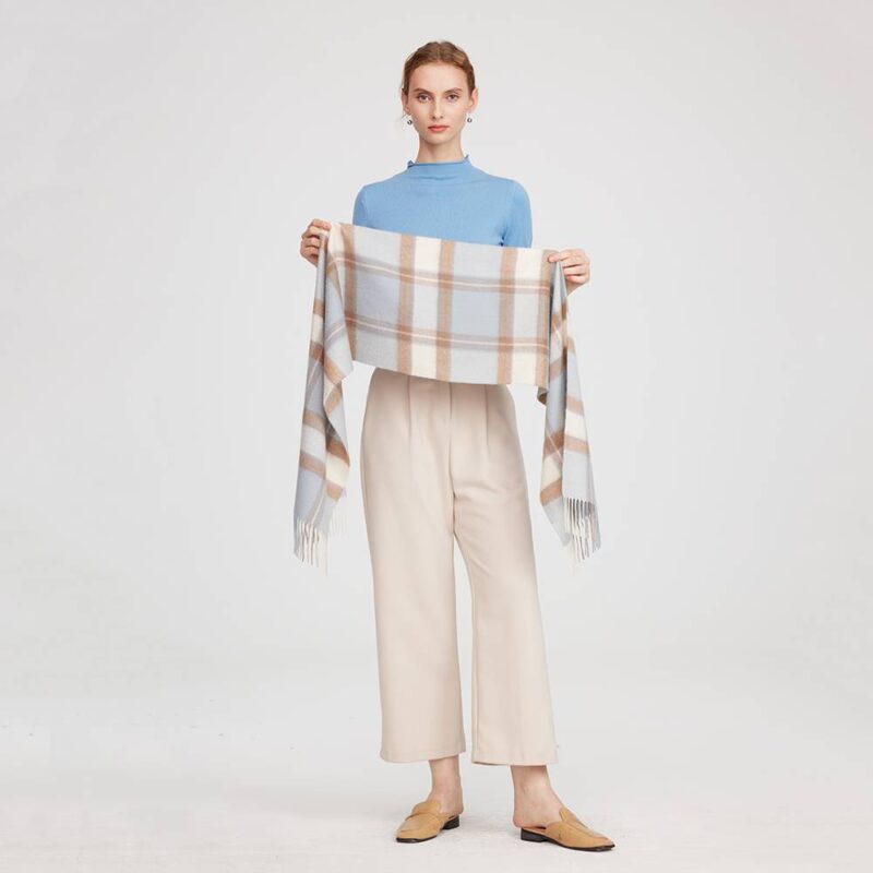 Yona Pure Cashmere Checked Tasseled Scarf - Blue - Image 2