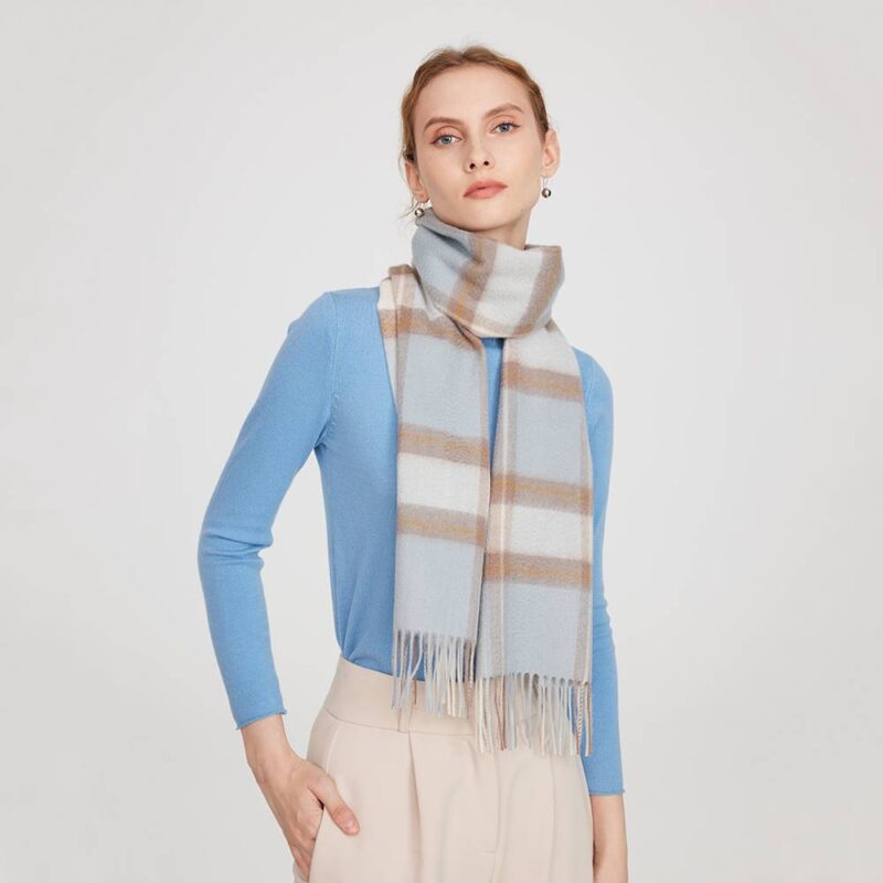Yona Pure Cashmere Checked Tasseled Scarf - Blue - Image 3