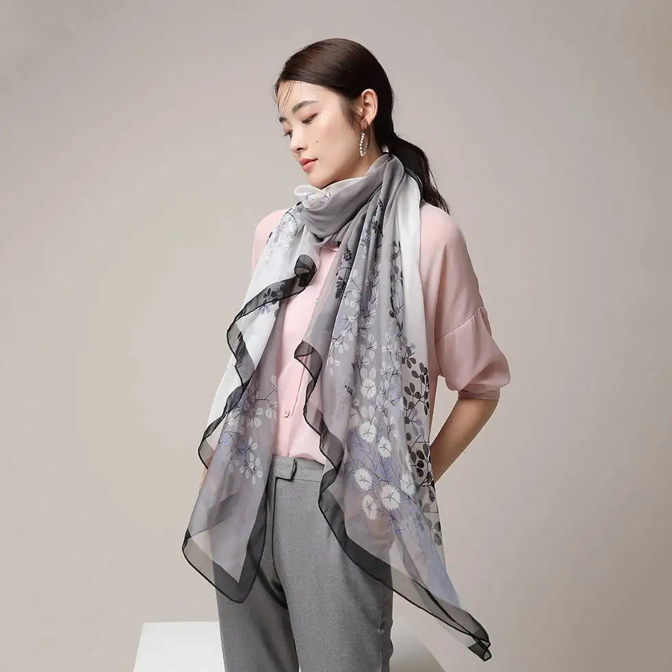 Elvan Ultra Light Floral Print Large Silk Scarf Wrap | Peili
