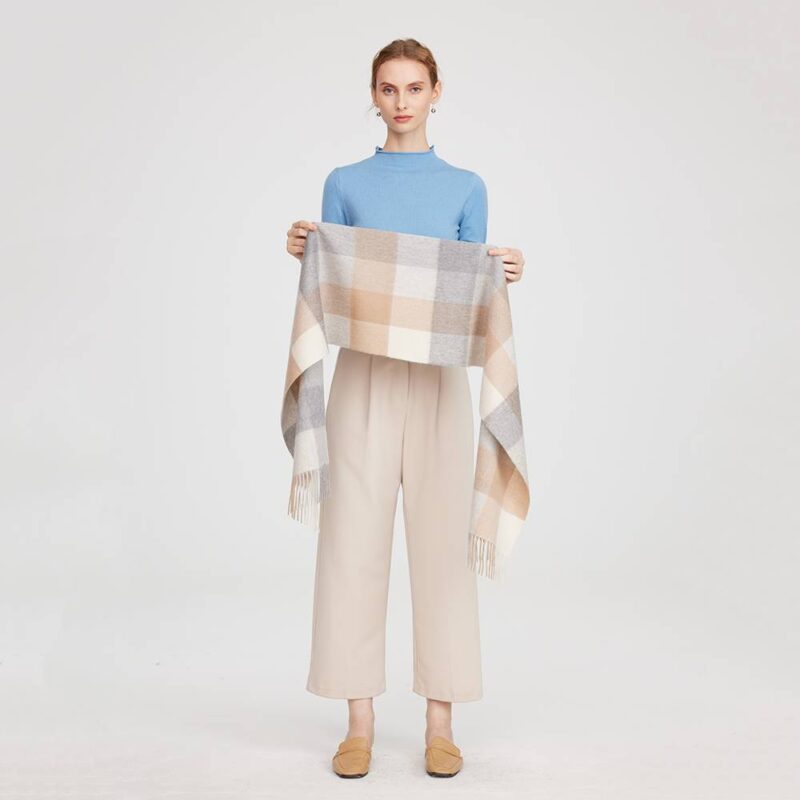 Eva Pure Cashmere Checked Tasseled Scarf - Camel - Image 2