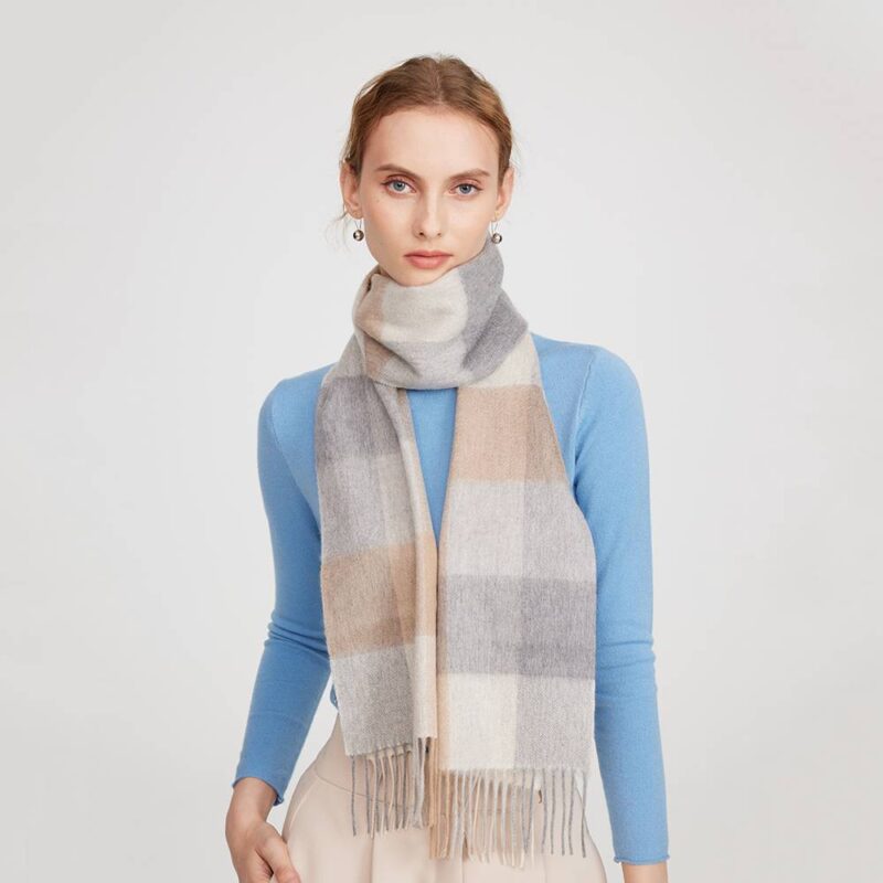 Eva Pure Cashmere Checked Tasseled Scarf - Camel - Image 4