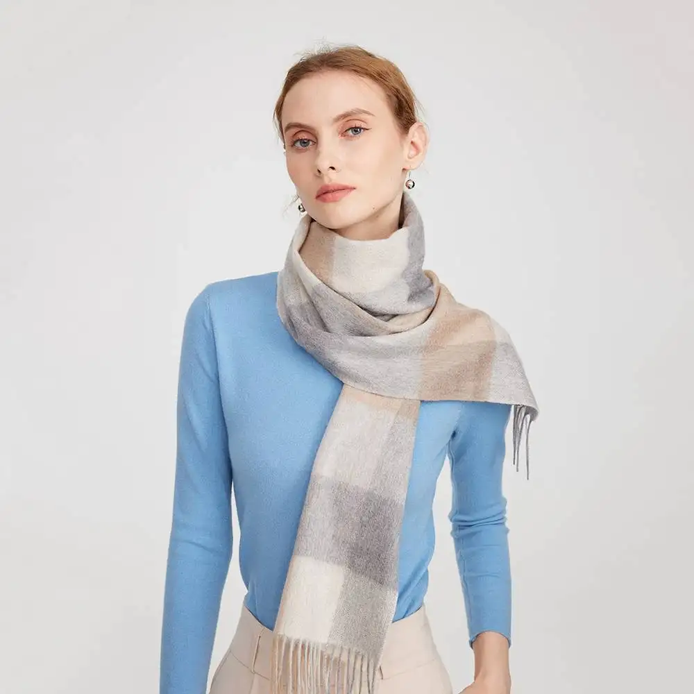 eva-192371 Eva Pure Cashmere Checked Tasseled Scarf - Camel - Image 1