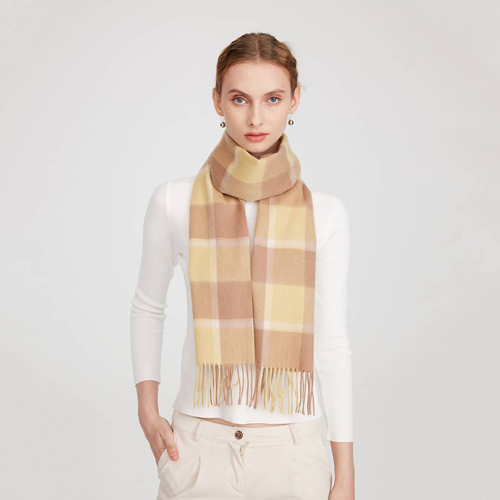 Mirel Pure Cashmere Check Tasseled Scarf - Light Yellow
