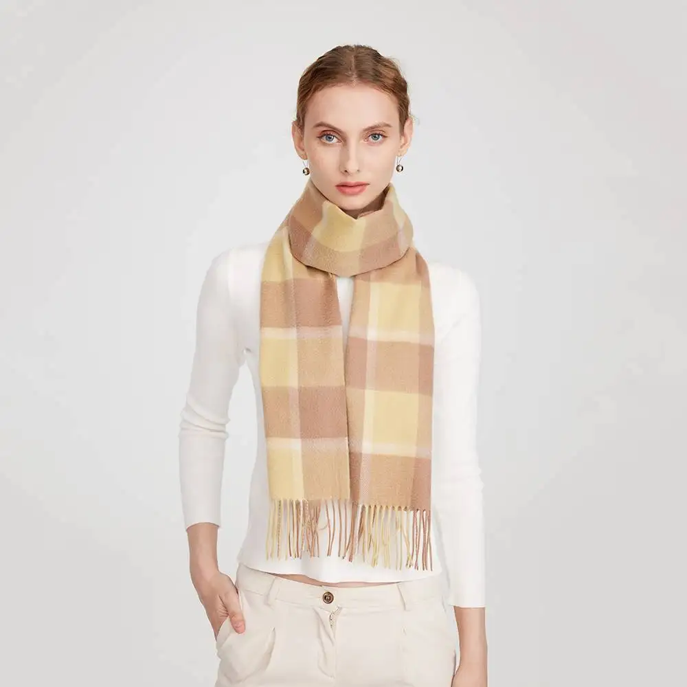 Mirel Pure Cashmere Check Tasseled Scarf - Light Yellow