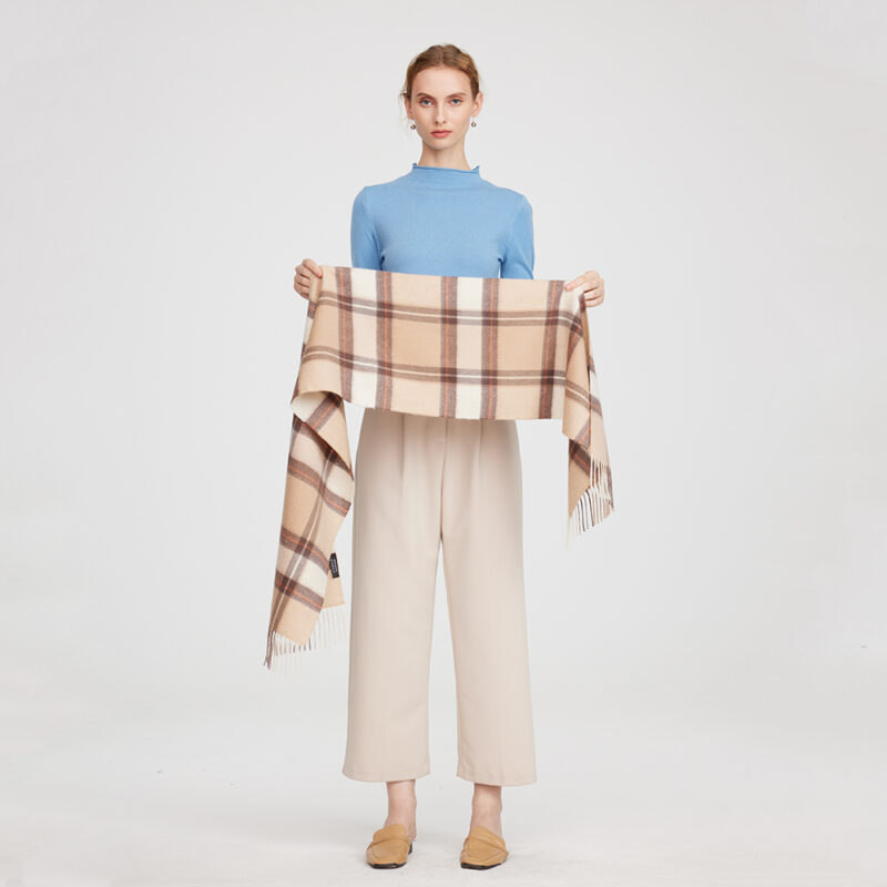 Yona Pure Cashmere Check Tasseled Scarf - Brown - Image 2