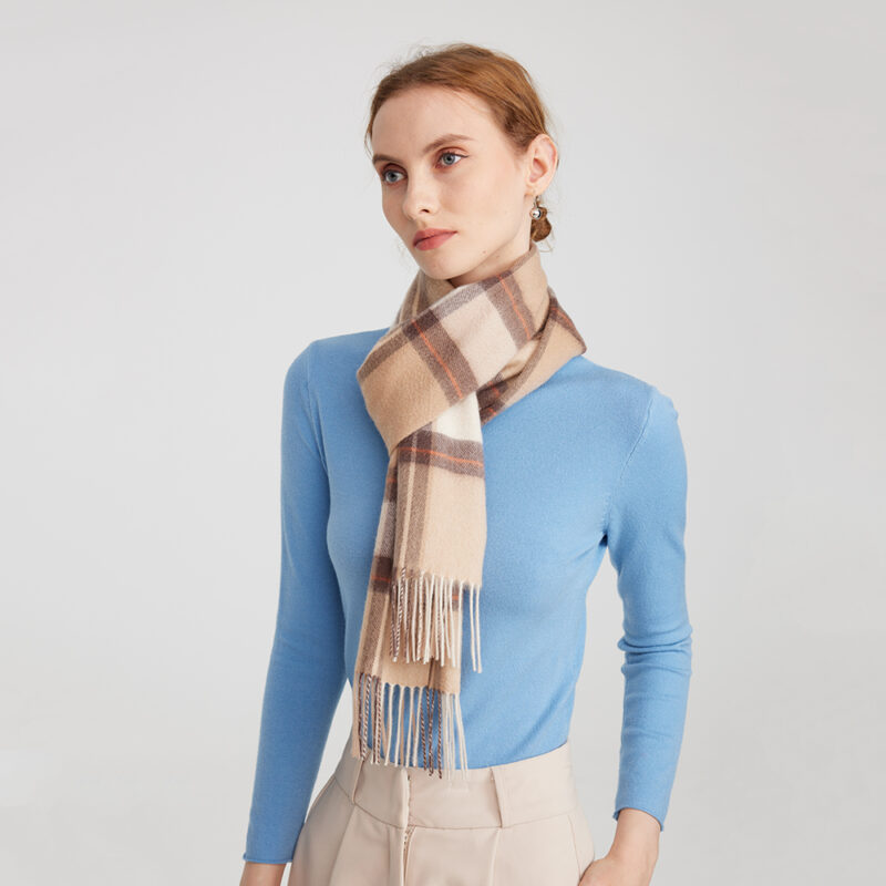 Yona Pure Cashmere Check Tasseled Scarf - Brown - Image 3