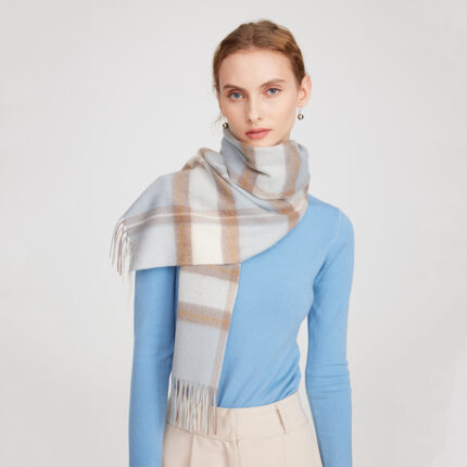 Yona Pure Cashmere Checked Tasseled Scarf - Blue